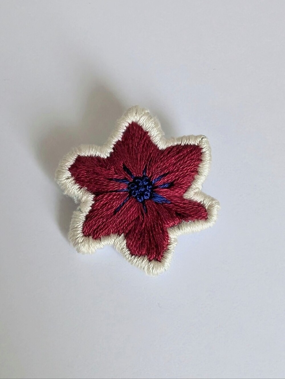 Hand Embroidered Cotton Red Blue Flower Handmade Brooch Pin